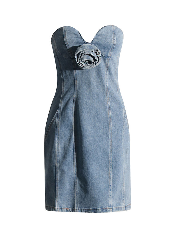 Sommer Sexy Denim Tube Top Blumenkleid Jeanskleid Enge Taille Schlank Sexy Hüfte für Frauen