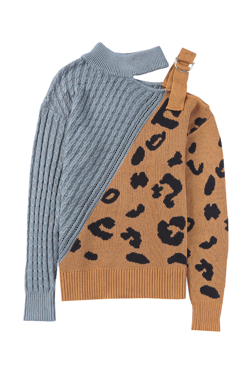 Leopard Splicing Sweater Women Autumn Winter Trendy off Shoulder Asymmetric Buckle Knitted Sweater - Angelique