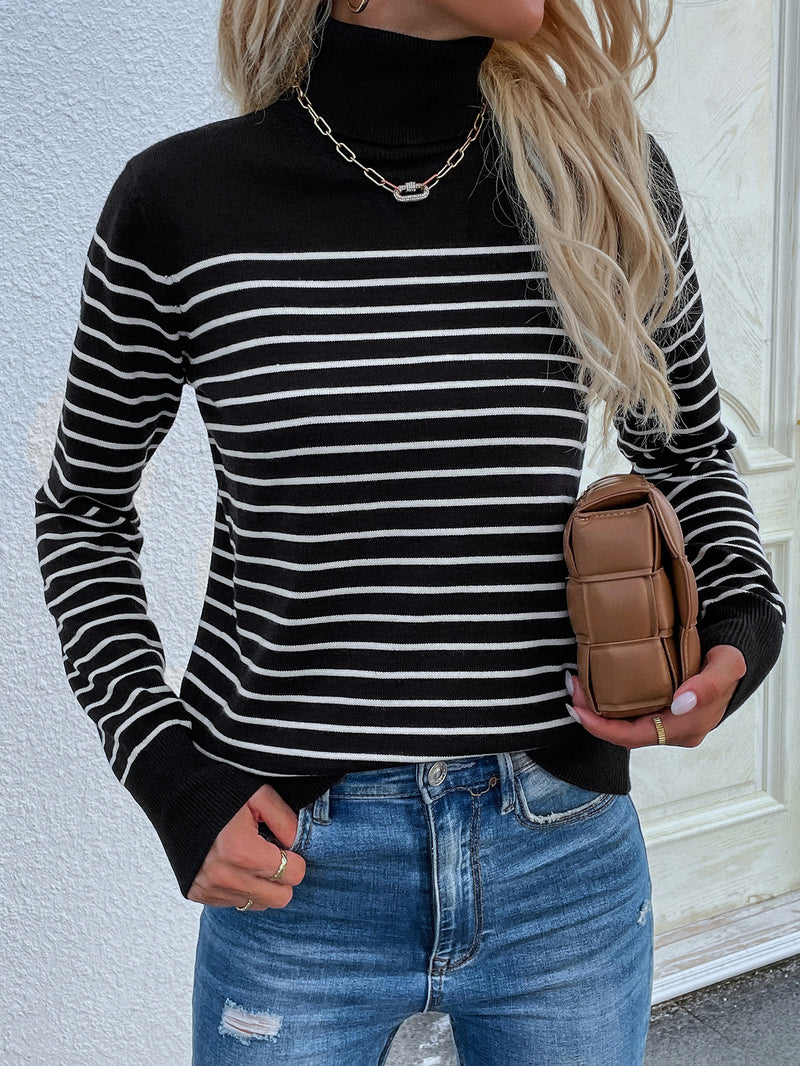 Autumn Winter Striped Women Clothing Turtleneck Sweater Women Striped Pullover Knitwear Women