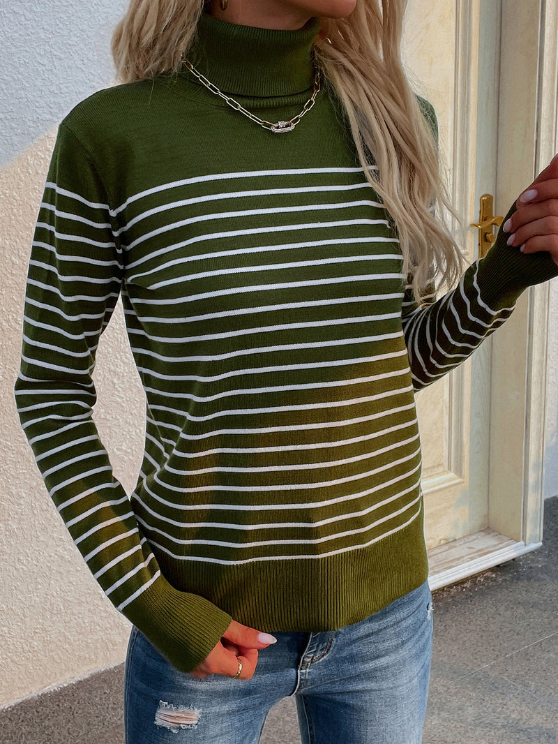 Autumn Winter Striped Women Clothing Turtleneck Sweater Women Striped Pullover Knitwear Women