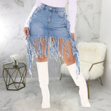 Sexy Washed Denim Tassel High Waist Short Skirt