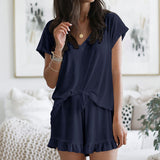 Summer Women Clothing Home Wear Two-Piece V-neck Solid Color Casual Suit