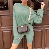 - Women Clothing Two-Piece Set with Belt Long Sleeve Solid Color Home Loose Sports Casual Set