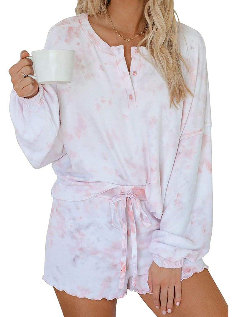 Tie-Dye Printing Casual Sports Sweater Home Half Sleeve Ruffled two piece set Women