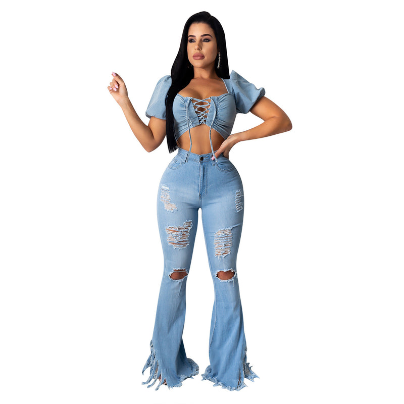 Women Women Clothing Ripped Tassel Washed Jeans Pants Only