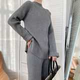 Autumn Winter Fashionable with Side Slit Sweater Suit Thickened Knitting Wide Leg Pants Two Piece Set Female