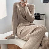 Autumn Winter Fashionable with Side Slit Sweater Suit Thickened Knitting Wide Leg Pants Two Piece Set Female