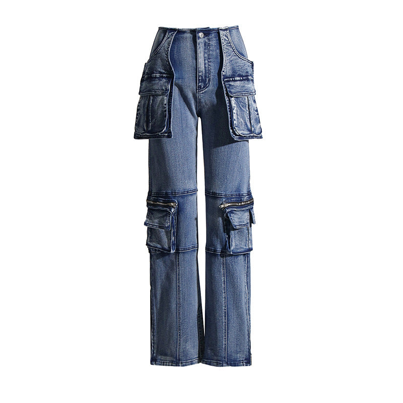 Lässige Damen-Jeans, Herbst-Nähte, große Tasche, gerade, schlankmachende Denim-Hose