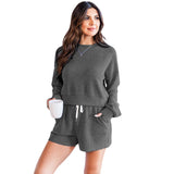 Herbst Winter Einfarbig rundhals Pullover Langarm Pullover Frauen Casual Shorts Anzug