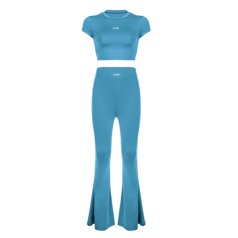 Sports Casual Basic Pullover Cropped Short Sleeve Top High Waist Flared Pants Yoga Sexy Two Piece Set