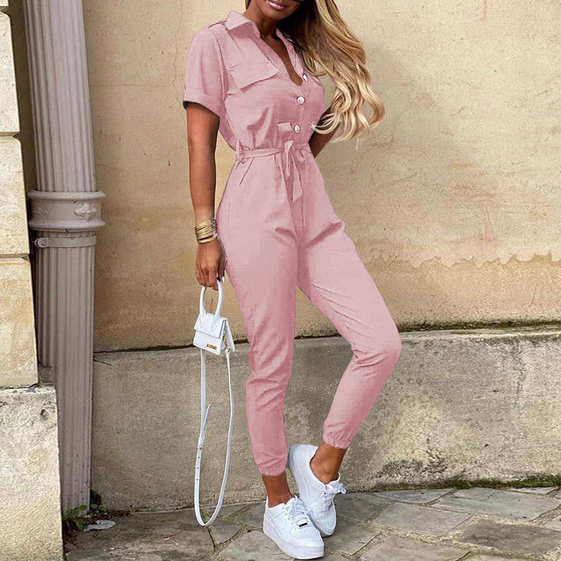 Women Clothing Trousers Casual Collared Button Printed Belt Cargo Overalls Plus size - Angelique