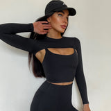 Yoga Women Workout Clothes Sling Beautiful Back Sports Underwear Long Sleeve T Shirt Shorts Three Piece Set