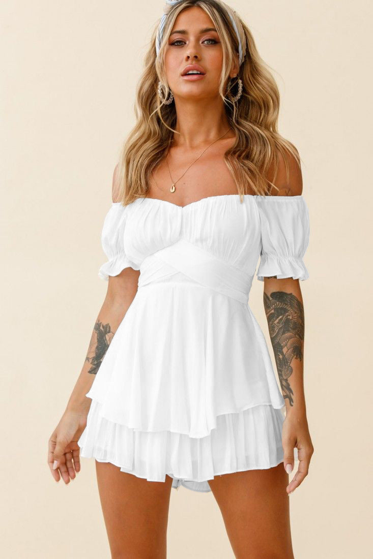 Solid Color Fashion Sexy off Neck Lantern Ruffle Sleeve  Casual Summer Women Clothing Short  Romper - Angelique