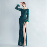 High Density Ostrich Feather Sequin Long Sleeve Fishtail High End Evening Dress - Angelique