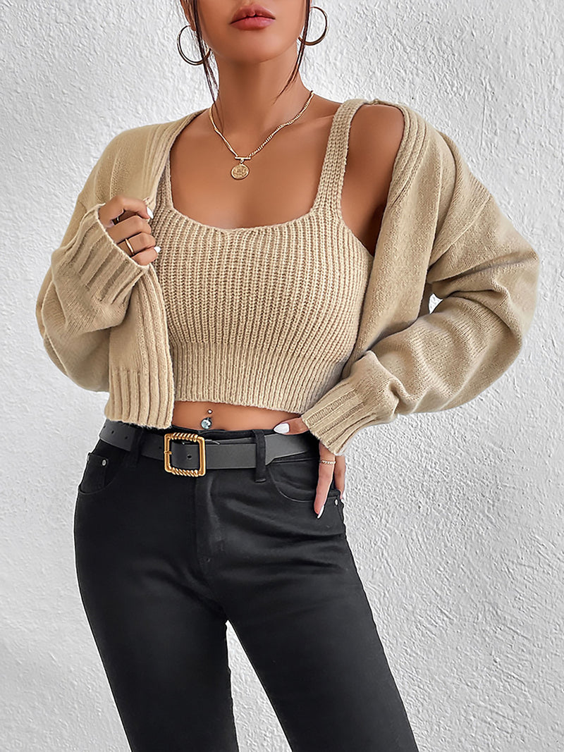 Kleidung Einfarbiger Langarm-Kurzmantel V-Ausschnitt Strickjacke Crop Top Spaghettiträger Kleiner Pullover Zweiteiliges Set