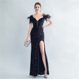 Boning Corset Ostrich Feather Back Lash Rope Bra Velvet High Density Sequined Fishtail Evening Dress