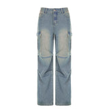 Street-Plissee-Jeans mit niedriger Taille, gewaschen, getragen, einfarbig, gerade Bundfaltentasche, alle passenden Overalls