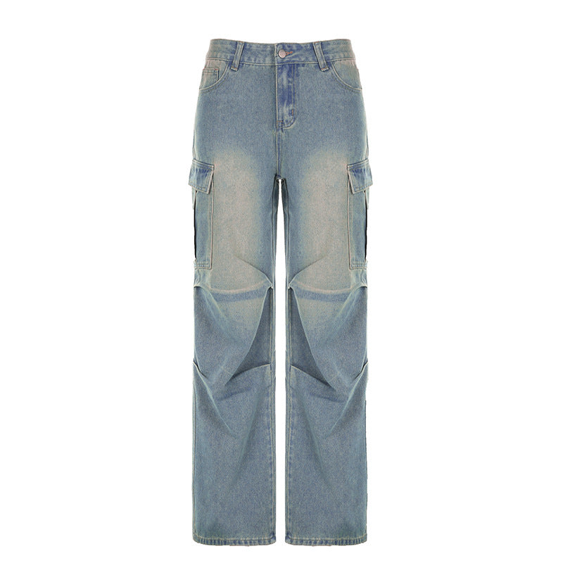 Street-Plissee-Jeans mit niedriger Taille, gewaschen, getragen, einfarbig, gerade Bundfaltentasche, alle passenden Overalls