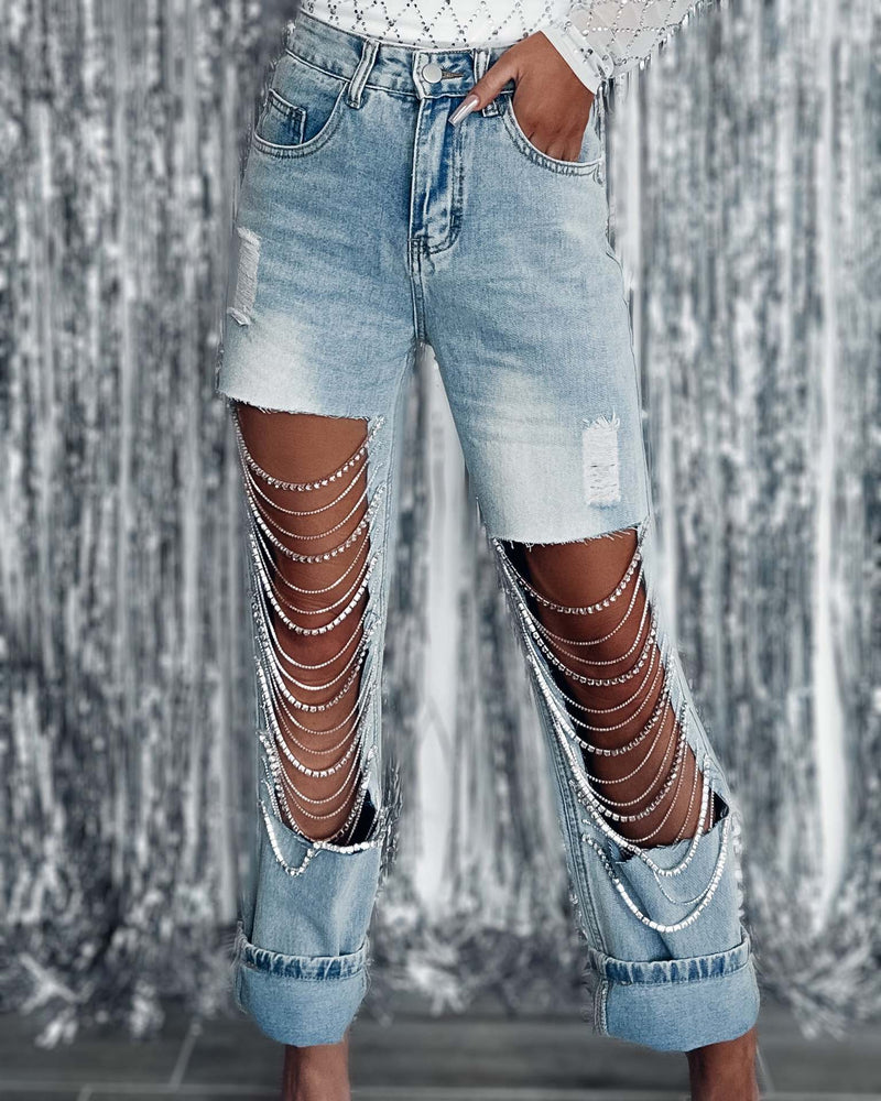 Early Spring Big Ripped Jeans Women Chain Ornaments Straight Leg Pants - Angelique