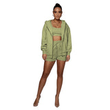 Frühling Herbst Urban Casual Einfarbig Strickjacke Mit Kapuze Shorts Frauen Samt Langarm Sweatshirt Anzug Zwei Stück Set