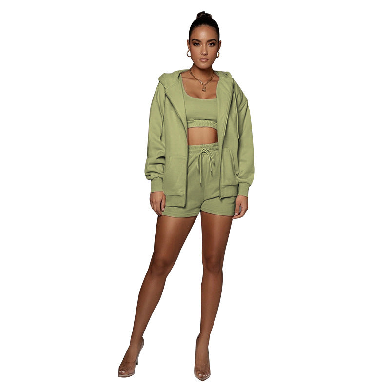 Frühling Herbst Urban Casual Einfarbig Strickjacke Mit Kapuze Shorts Frauen Samt Langarm Sweatshirt Anzug Zwei Stück Set