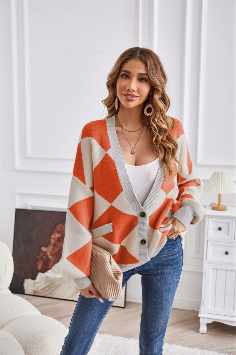 Winter V Neck Geometric Abstract Stitching Contrast Color Knitted Cardigan Casual Loose Jacket Women