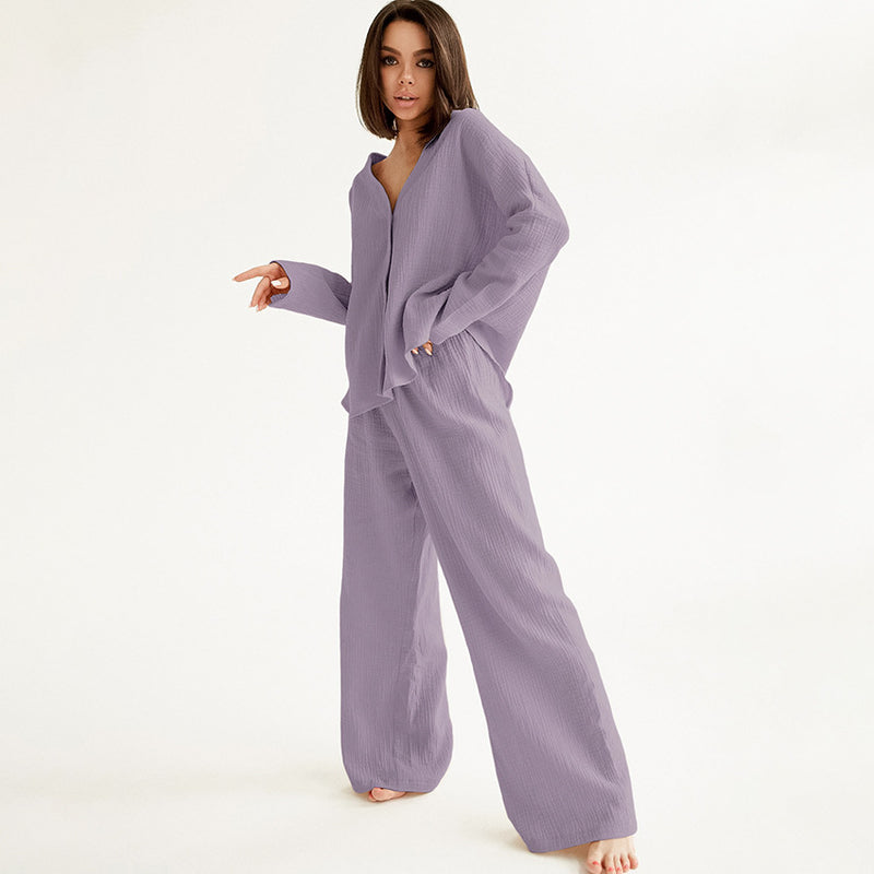 Summer Double Layer Crepe V-neck French Loose Comfortable Long Sleeve Pajamas Women  Cotton Linen Homewear Set - Angelique