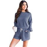 Herbst Winter Einfarbig rundhals Pullover Langarm Pullover Frauen Casual Shorts Anzug