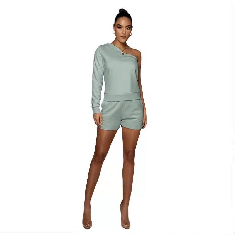 Urban Casual Solid Color Pullover Off-the-Shoulder-Shorts Damen Fleece gefüttert Slim Fit Langarm-Pullover-Set