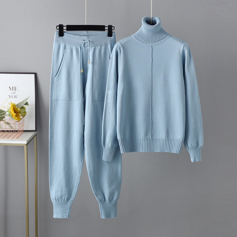 Casual Set Autumn Winter Turtleneck Solid Color Sweaters Two Piece Set