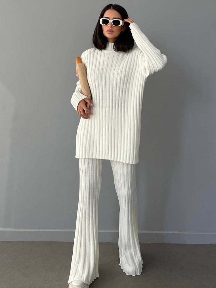 High Neck Ribbing Knitting Set Women Autumn Winter Pullover Sweater Pants Woolen Two Piece Set