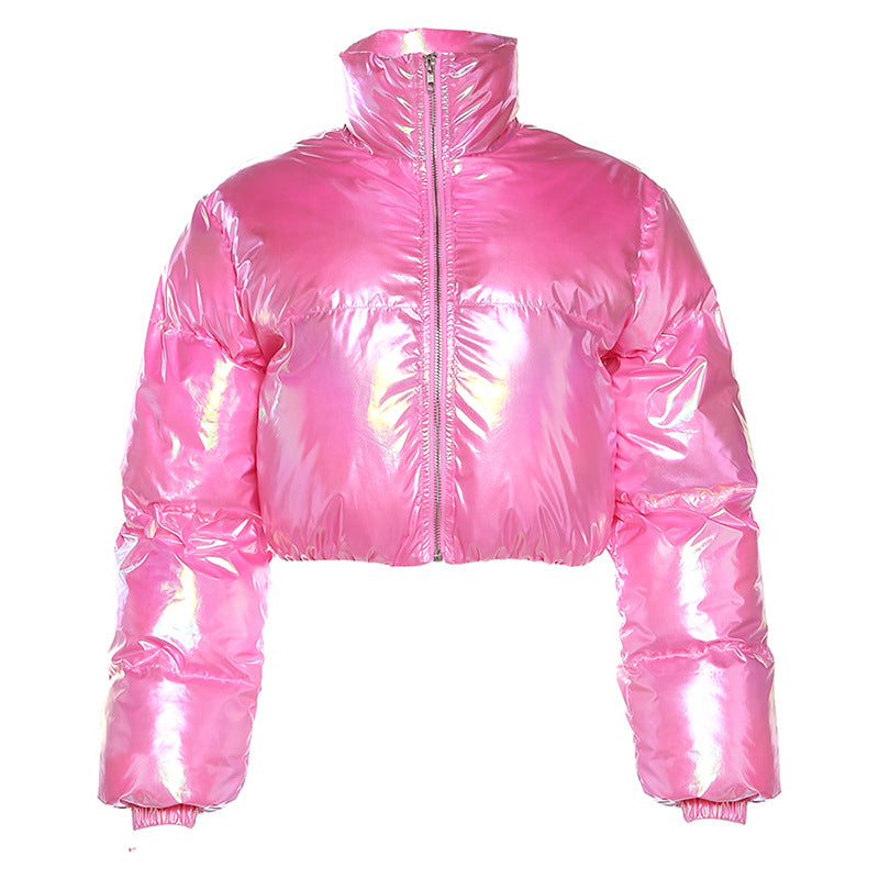 Metallisch beschichteter Stoff, Herbst-Damenbekleidung, sexy, lässig, abgeschnitten, Stehkragen, lockerer kurzer Baumwollmantel, Jacke für Damen