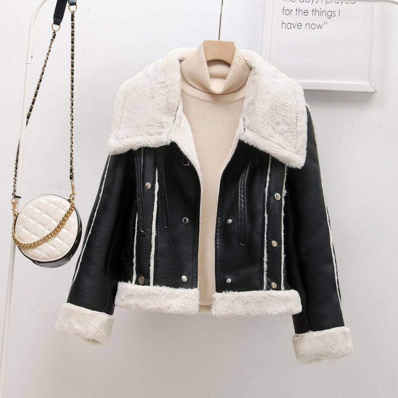 Große Faux Shearling Jacke mit Kragen, lockerer Ledermantel für Damen, einreihiger, warmer Winter-Lederjackenmantel