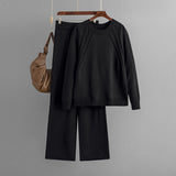 Autumn Winter Casual Solid Color Knitting Suit Women Loose Sweater Wide Leg Pants Two Piece Set