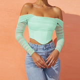 Frauen Kleidung Herbst Winter Mesh Durchsichtig Off-Neck Crop-Top Kurze Top Frauen Boning Korsett Boning Korsett Korsett