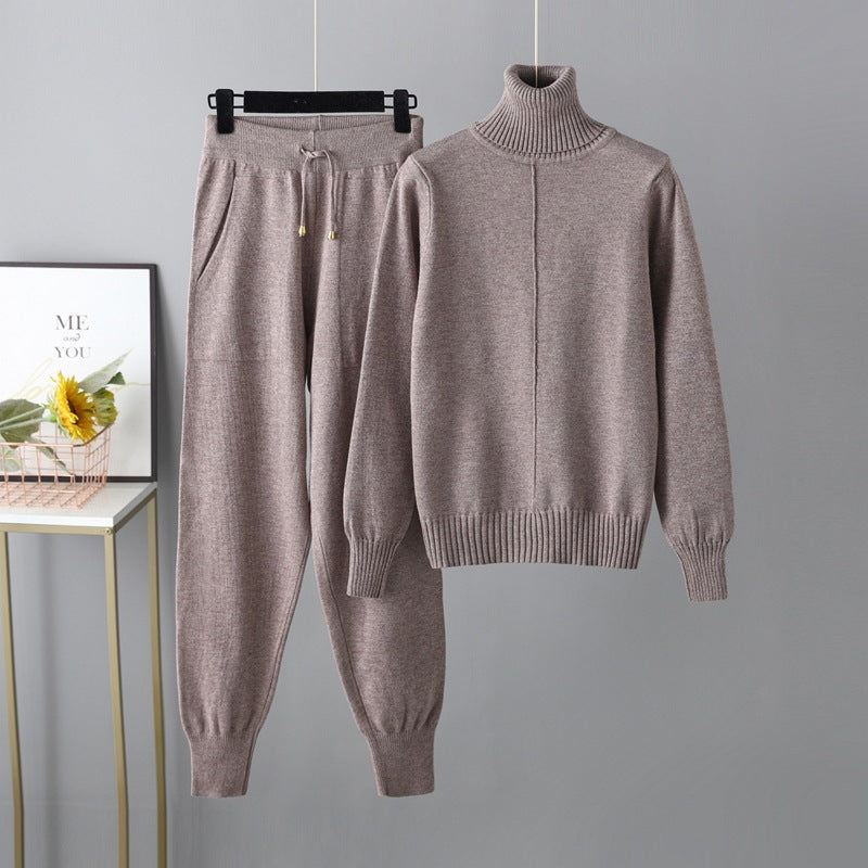 Casual Set Herbst Winter Rollkragen Einfarbig Pullover Zwei Stück Set