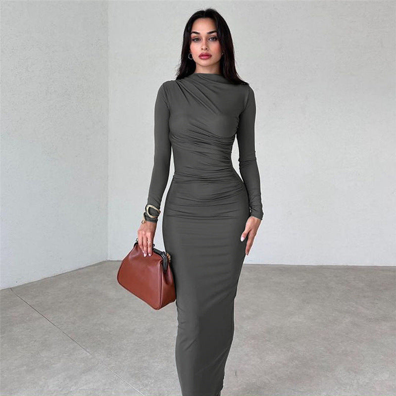 Autumn Winter Women Clothing Round Neck Long Sleeve Slim Sheath Solid Color Dress