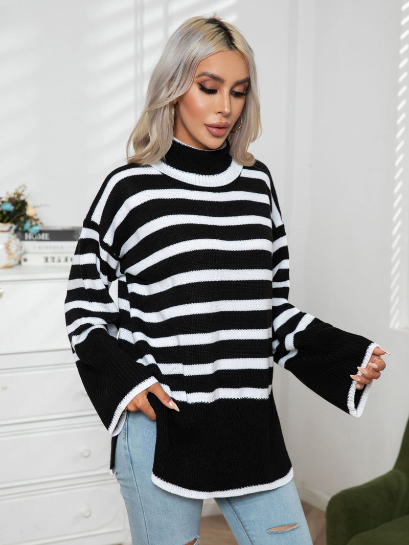 Popular Striped Side Slit High Collar Mid Length Sweater Women Loose Autumn Winter Sweater