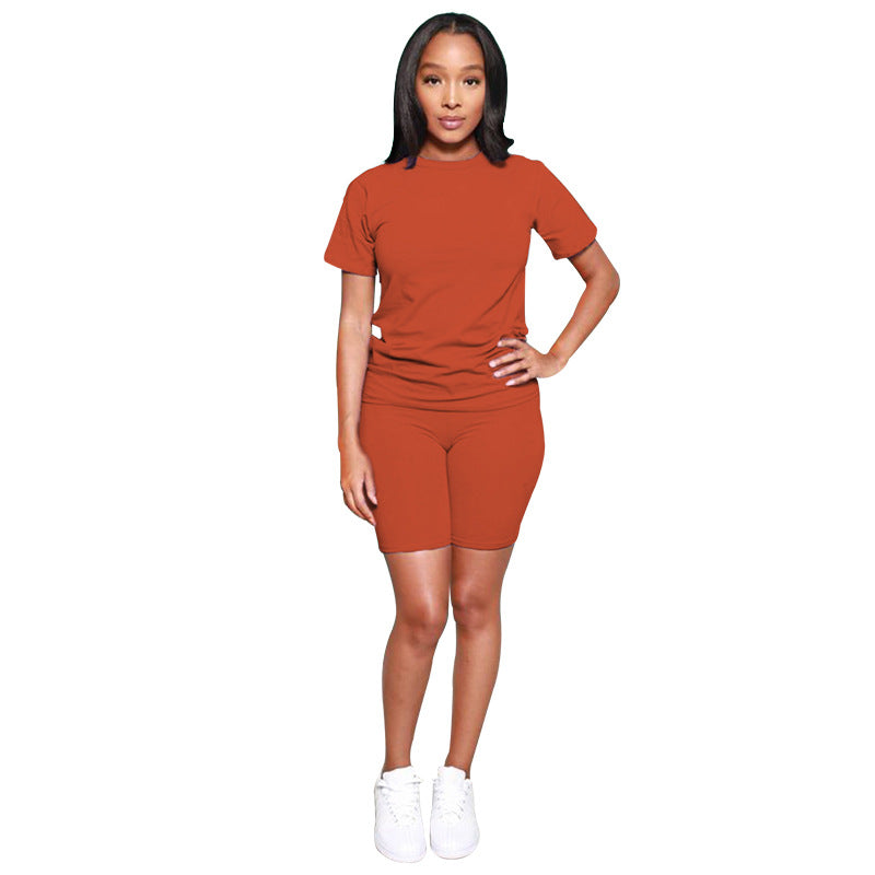 Summer Solid Color Short Sleeve round Neck Pullover Top Two-Piece Urban Casual Shorts Suit Women