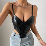 Women Solid Color Low Cut Sexy Sling Faux Leather Solid Color Diamond Cardigan Top Outer Wear