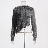 Autumn Idle Niche Irregular Asymmetric Hem Distressed Figure Flattering Short Sweater for Women