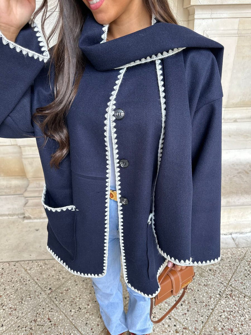 Women Color Contrast Scarf Woolen Coat Autumn Winter