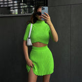 Summer Elegant Sexy Slim Fit Sunken Stripe Knitted Skirt Short Sleeve Solid Color Set for Women