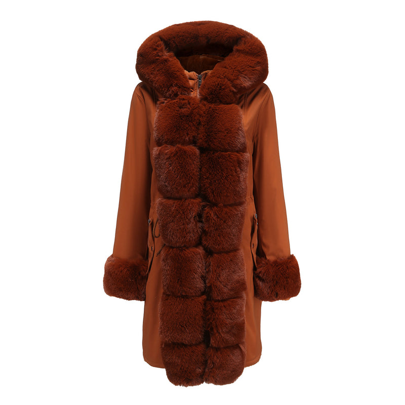 Winter Cotton Coat Women Detachable Fur Collar Mid Length Long Sleeve Parka Solid Color Hooded Warm Cotton Padded Jacket