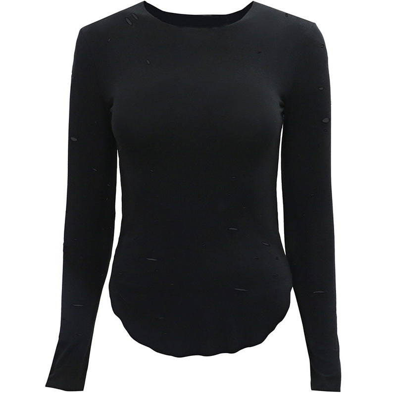 Women Clothing Autumn Winter Long Sleeve round Neck Ripped Sexy Top