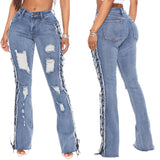 Frauen Kleidung Öse Seil Hohe Elastizität Sexy Slim Ripped Denim Hosen