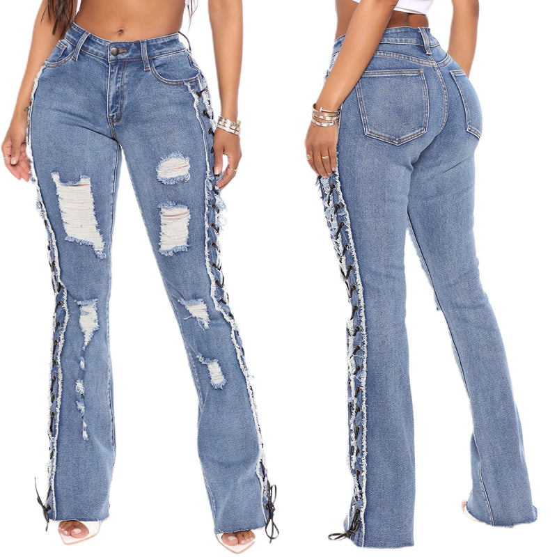 Frauen Kleidung Öse Seil Hohe Elastizität Sexy Slim Ripped Denim Hosen