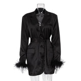 Early Autumn Elegant Suit Collar Ostrich Feather Long Sleeved Dress Tight Waist High Grade A line Dress