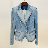 Stars Slim Double Breasted Lion Button Denim Blazer - Angelique