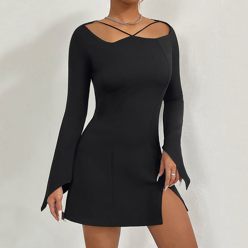 Sexy Crossover Lace up Off Shoulder Slim Fit Dress Underskirt Women Autumn Winter Dress